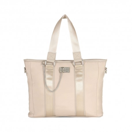 Bolsa Tote Porta Laptop Textil Detalle Cadena color Beige